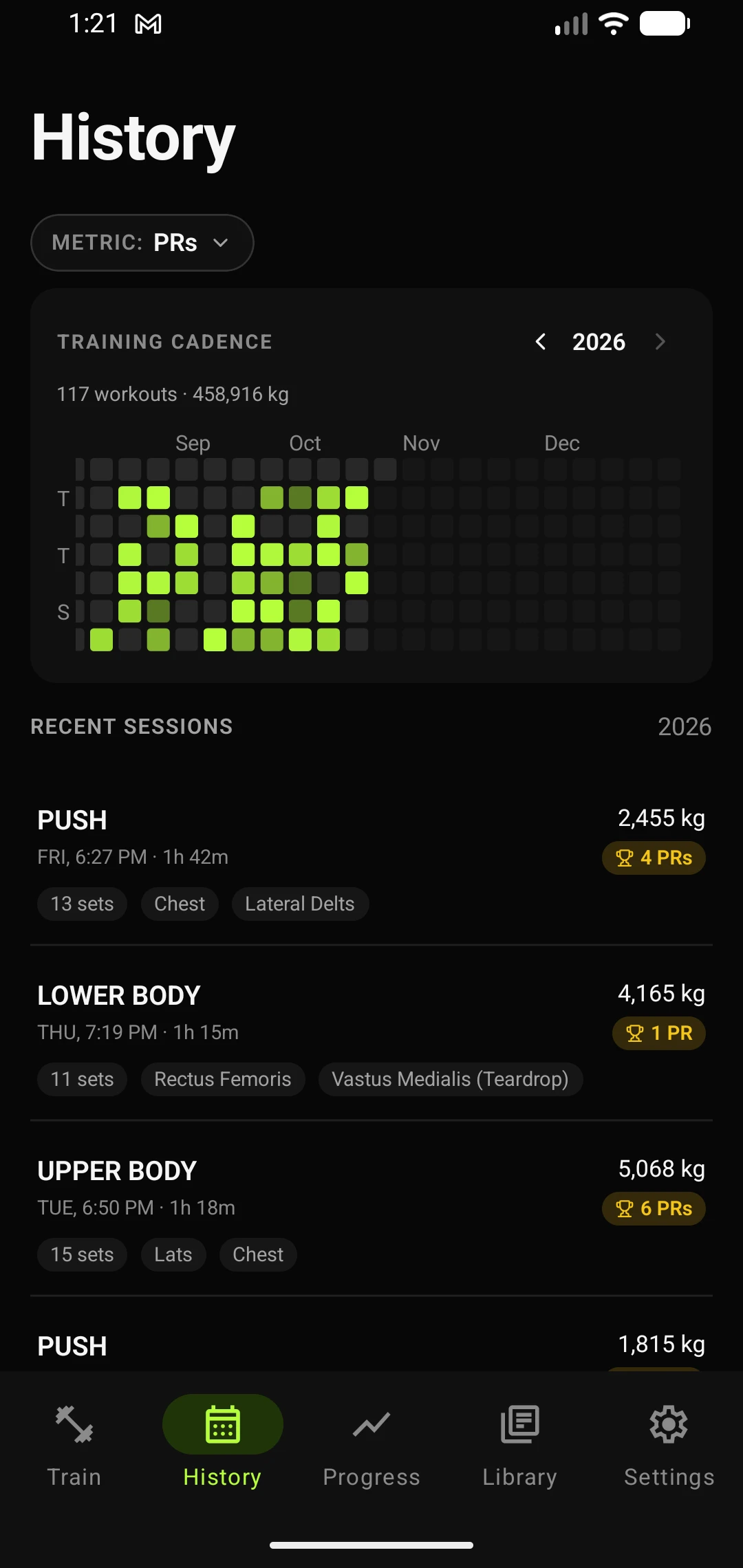 History and PR Habit Matrix: 58 workouts, 206k kg volume heatmap, and recent sessions with PR trophy milestones