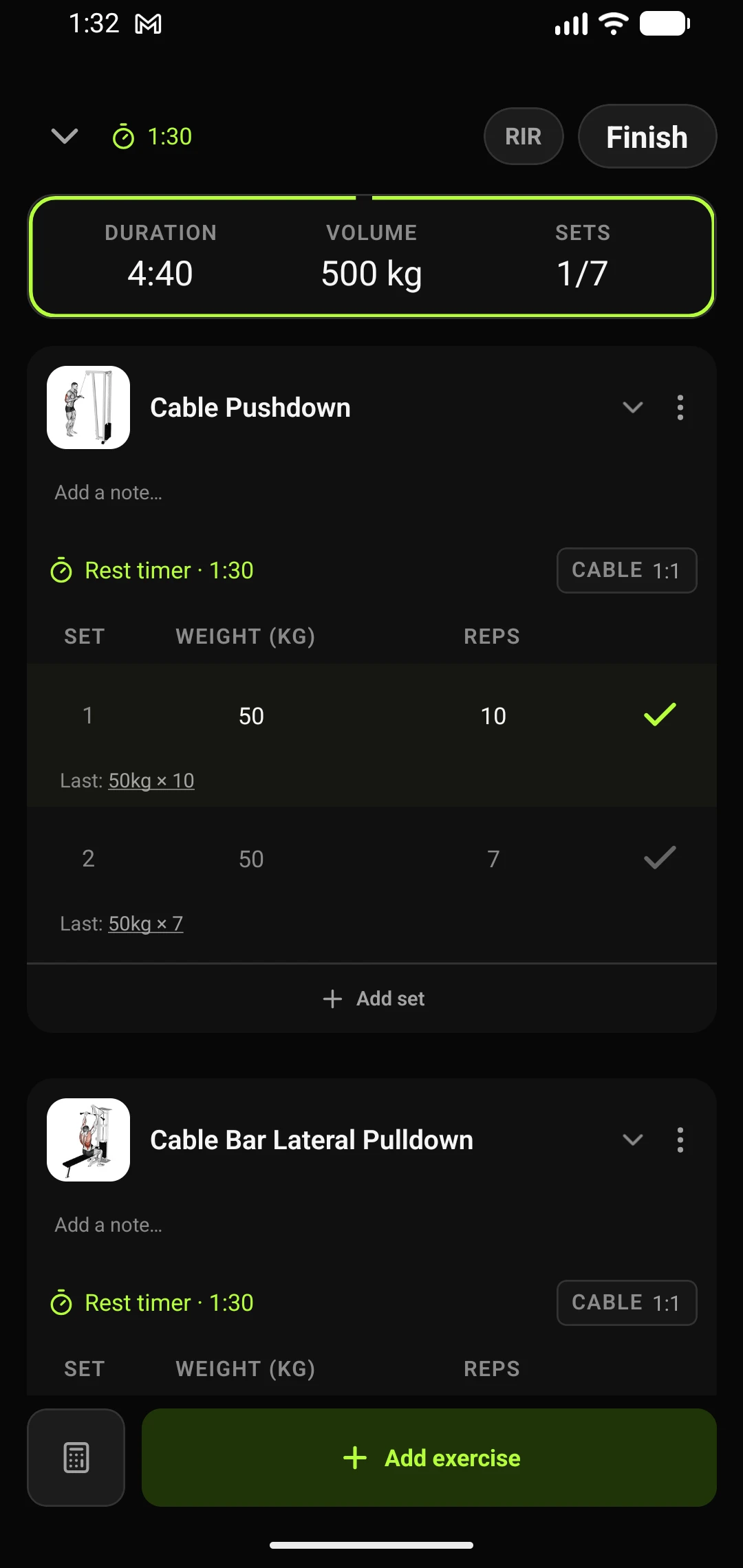 Active workout: Barbell Bench Press with last session's weight and reps under each set, below a welcome-back banner after time off